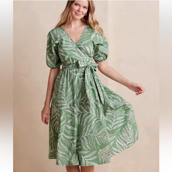 Summersalt The Coastal Poplin Puff-Sleeve WrapMidi Dress Green White Sz Large